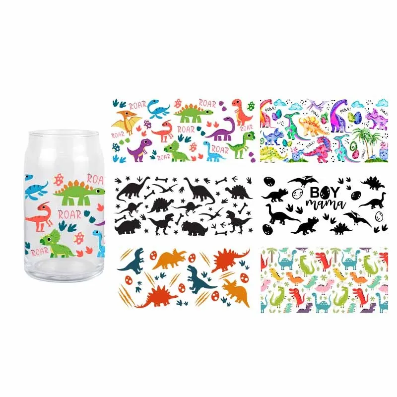 UV DTF Dinosaur 3D Transfer Sticker Cartoon Cute Wraps Cup Libbey Glass Cup Sticker 16 OZ UV DTF