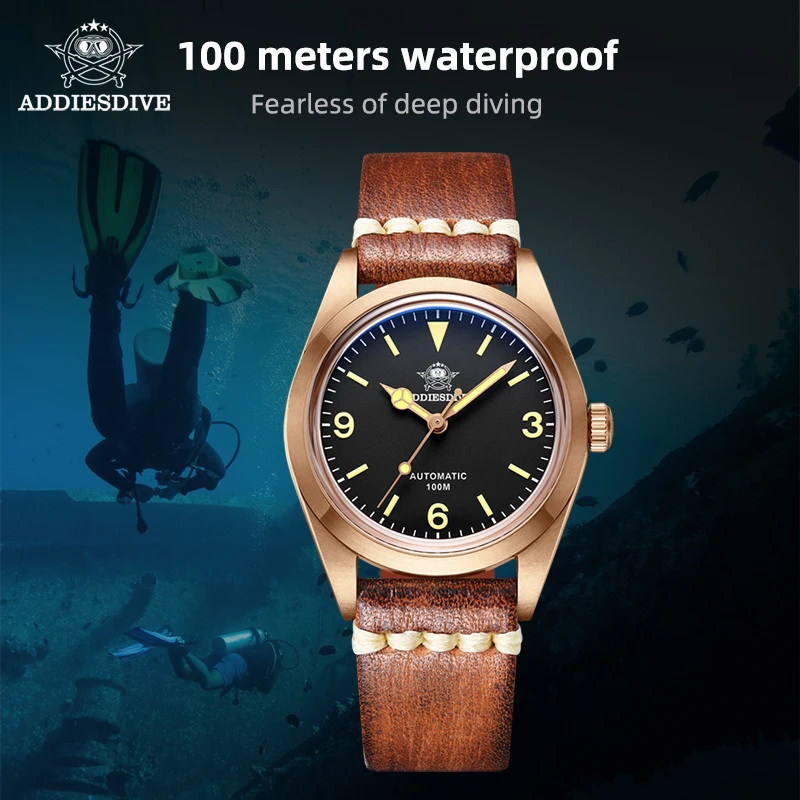 ADDIESDIVE AD2024 Men Automatic Watch Synthetic Sapphire 36mm PT5000 Luminous CUSN8 Solid Bronze 100m Diver Luxury Watch addiesdive man watch nh35 diver c3 luminous divers calendar display sapphire crystal 200m automatic mechanical watch