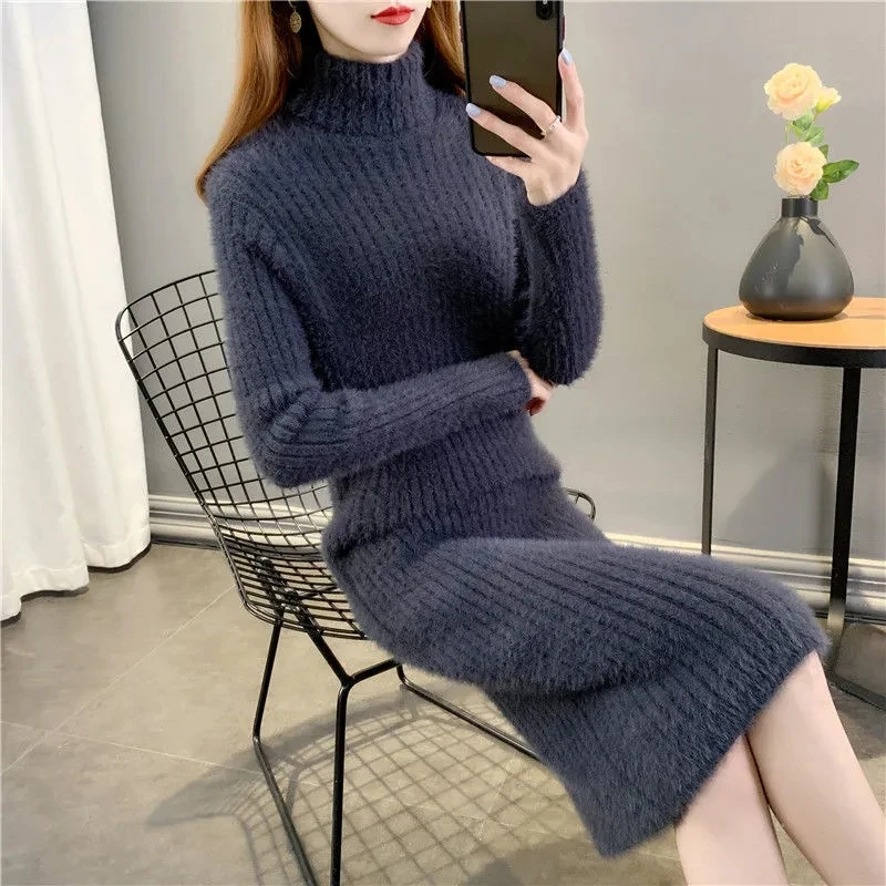 

Women's 2023 autumn winter sweater jumper dress new women's fashion imitation mink long over the knee high neck dress slim