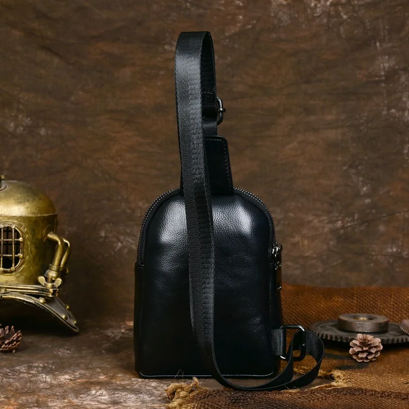 Genuine Leather Men's Crossbody Chest Bag with Double Zippers, Fashionable and Versatile Phone Bag