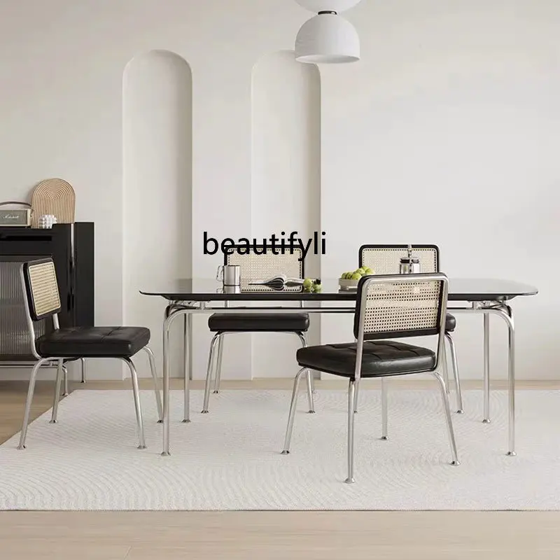 

Minimalist Light Luxury Tempered Glass Dining Table Italian Minimalist Dining Tables and Chairs Set Stainless Steel Dining Table