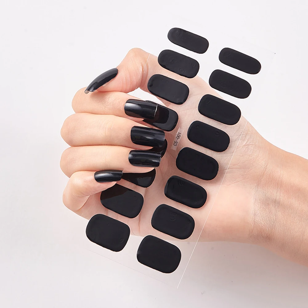Nail Stickers Nail Art Tools Nail Decals 16Tips Hot Semi-cured Gel Nail Stickers Black Color Nail Semi-baked Paste Decals UV Lamp Full For Women Sticker Decor