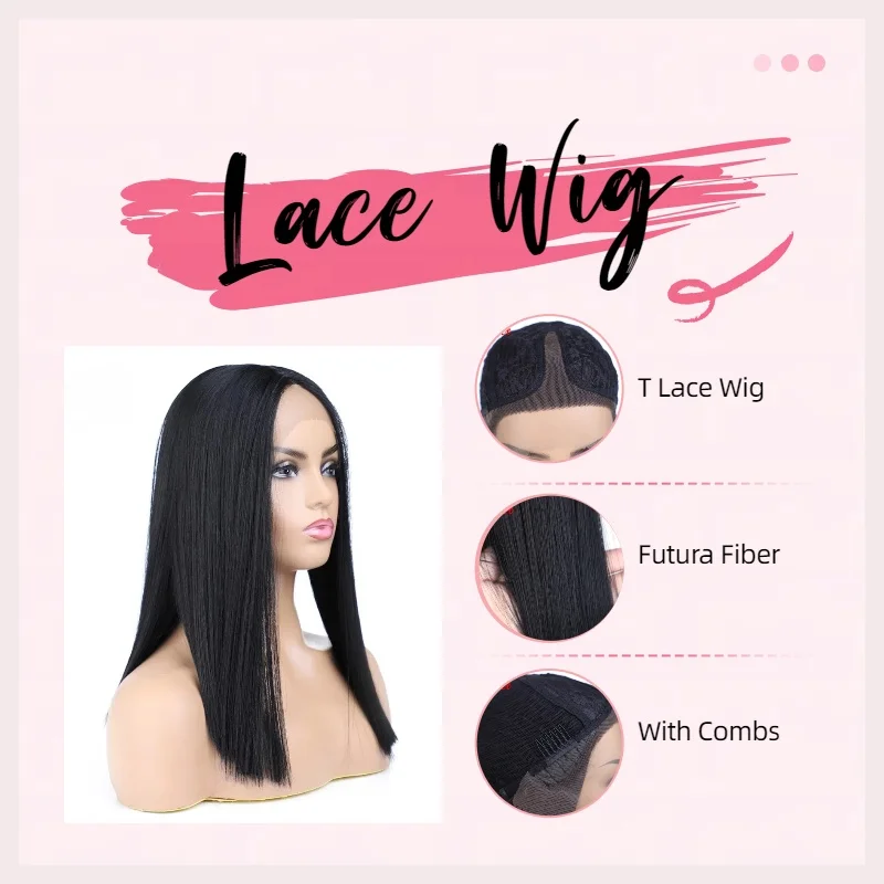 Blice Short Bob Lace Front Synthetic Hair Wigs Yaki Straight Free-Side for Women Brown Glueless Futura Silky Heat Resistant