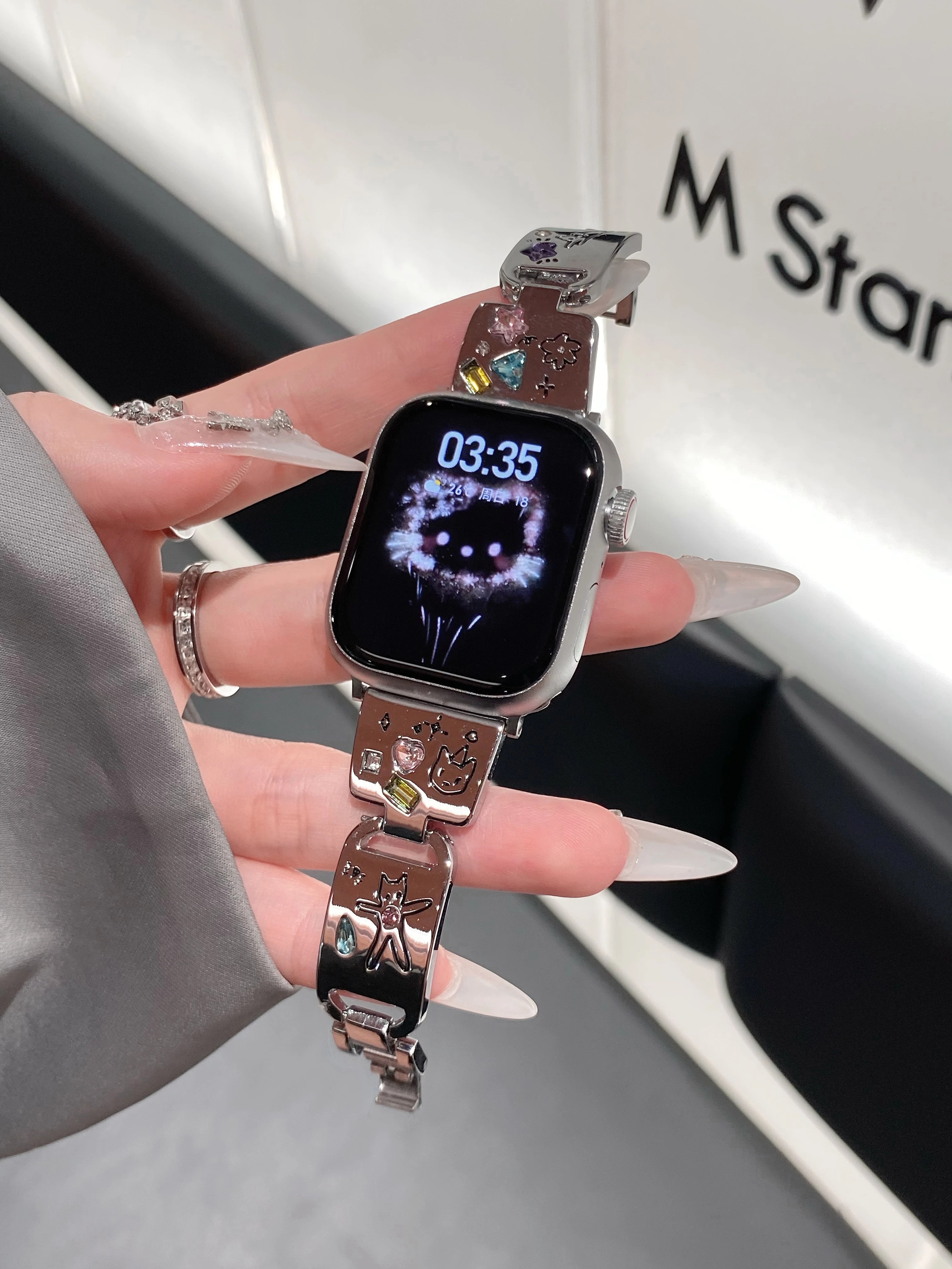 Chic Diamond-Accented Glossy Metal Cat Bracelet Strap