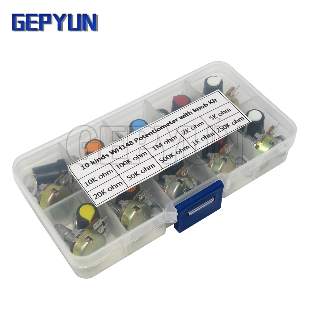 Wh148 Kit Potenziometro B1K 2K 5K 10K 20K 50K 100K 500K 1M 15Mm Set Resistore Potenziometro Rotativo Conico Lineare 3Pin Con Cappuccio