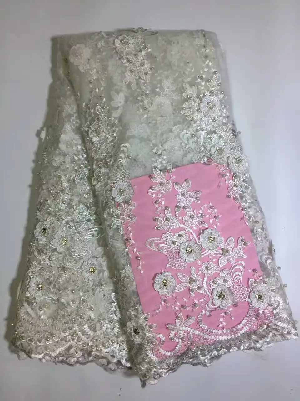 

Fashion African White Lace Fabrics High Quality With Stones Nigerian Embroidery Nigeria Cord Lace FABRICS With Beads D1075