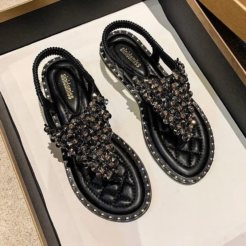 Fashion Sandals Women's Flat Bottom Beaded Fairy Style Roman Shoes Large Size Elegant Ladies Rhinestone Slippers