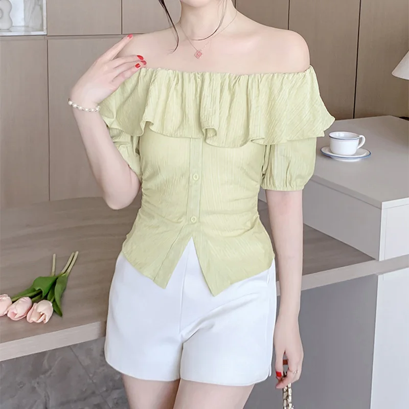 New Summer Aesthetic Loose Casual Office Lady Women's Shirt Solid Color Retro Off the Shoulder Mixed Cotton Y2K Chic Tops