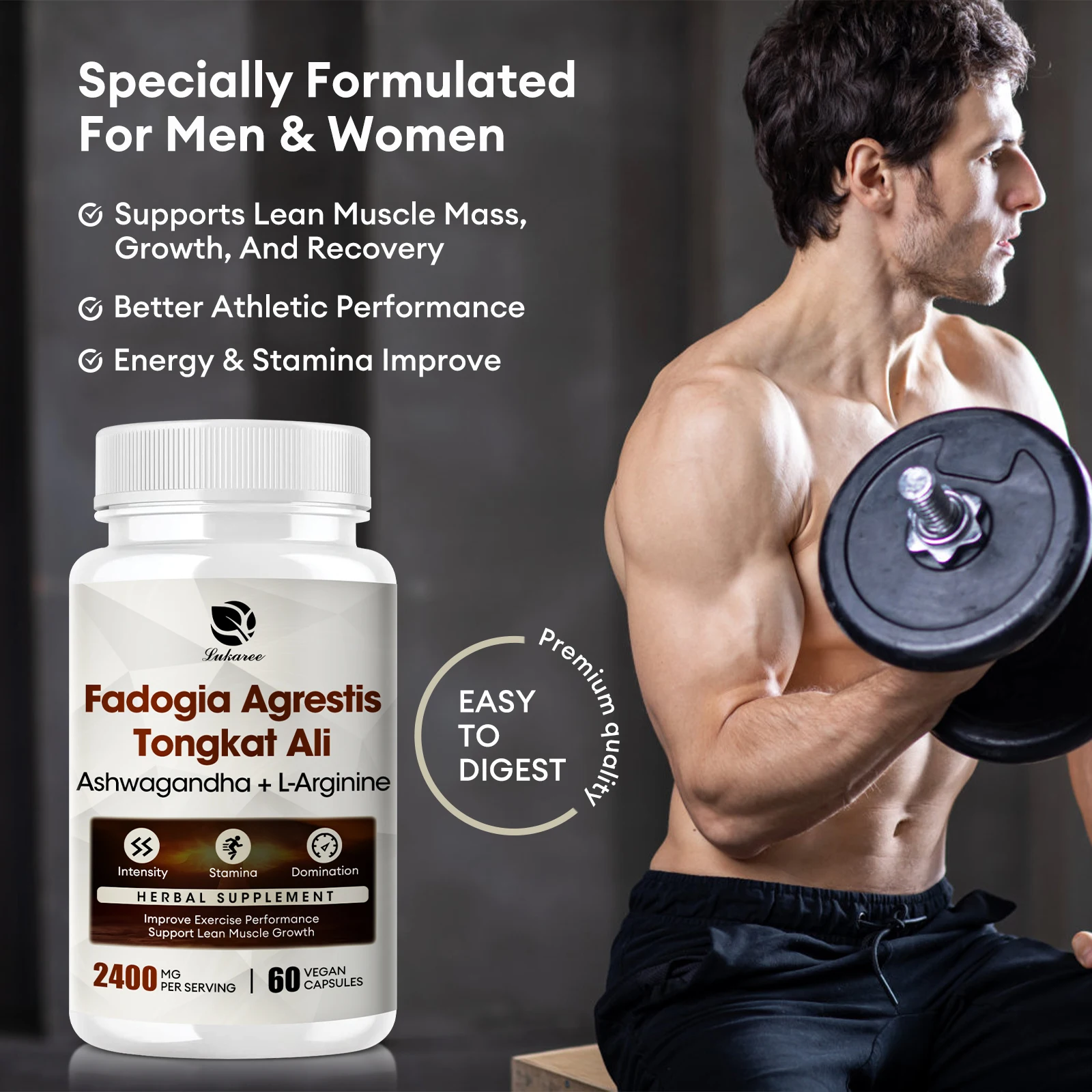 

Lukaree Fedogia Agrestis + Tongkat Ali Capsule Muscle Growth and Better Athletic Performance Energy Stamina Gym Formulated