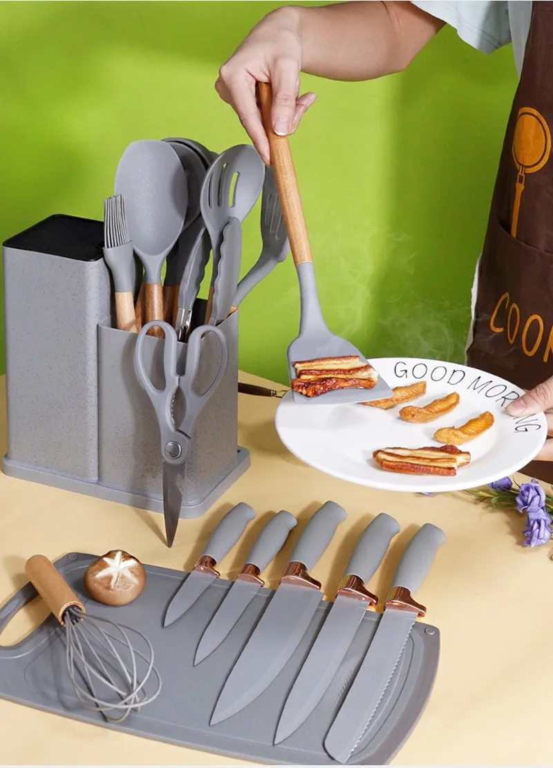 Ensemble d'Ustensiles de Cuisine en Silicone avec Manche en Bois