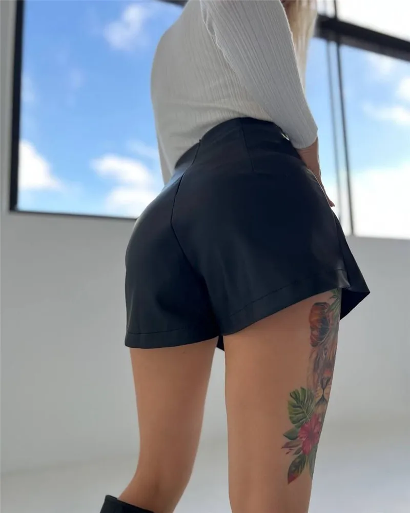 Shestyle Women Shorts High Waist Sexy Elegant PU Faux Leather Skirts Office Lady A-Line Asymmetrical Bottom Clubwear Workwear