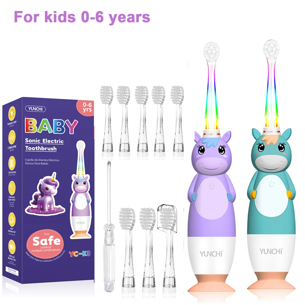 윤치 용 전동 칫솔 어린이용 전동 칫솔 컬러풀 LED 라이트 배터리 구동 9개의 브러시 헤드 포함