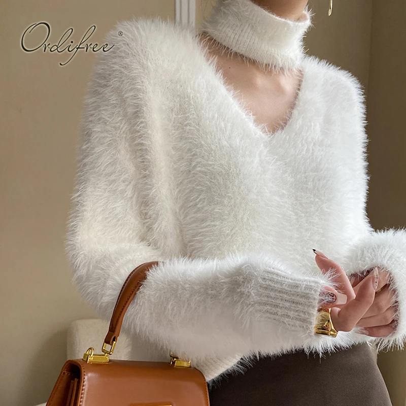 

Ordifree 2023 Autumn Winter Women Knitted Sweater Pullovers Long Sleeve White Black Fur Fashion Sweater Jumpers