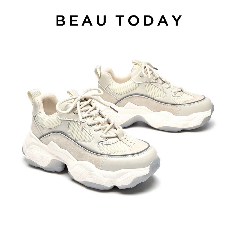 

BEAUTODAY Women Chunky Sneakers Genuine Leather Mesh Mixed Colors Round Toe Lace-Up Thick Sole Ladies Breathable Shoes 29402