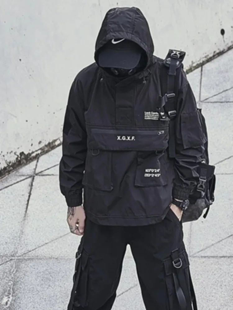 Men's Jacket Techwear High Street Streetwear Black Hoodie Pocket Man Women Couple Spring Autumn Fashion New Water Proof Male Top 2