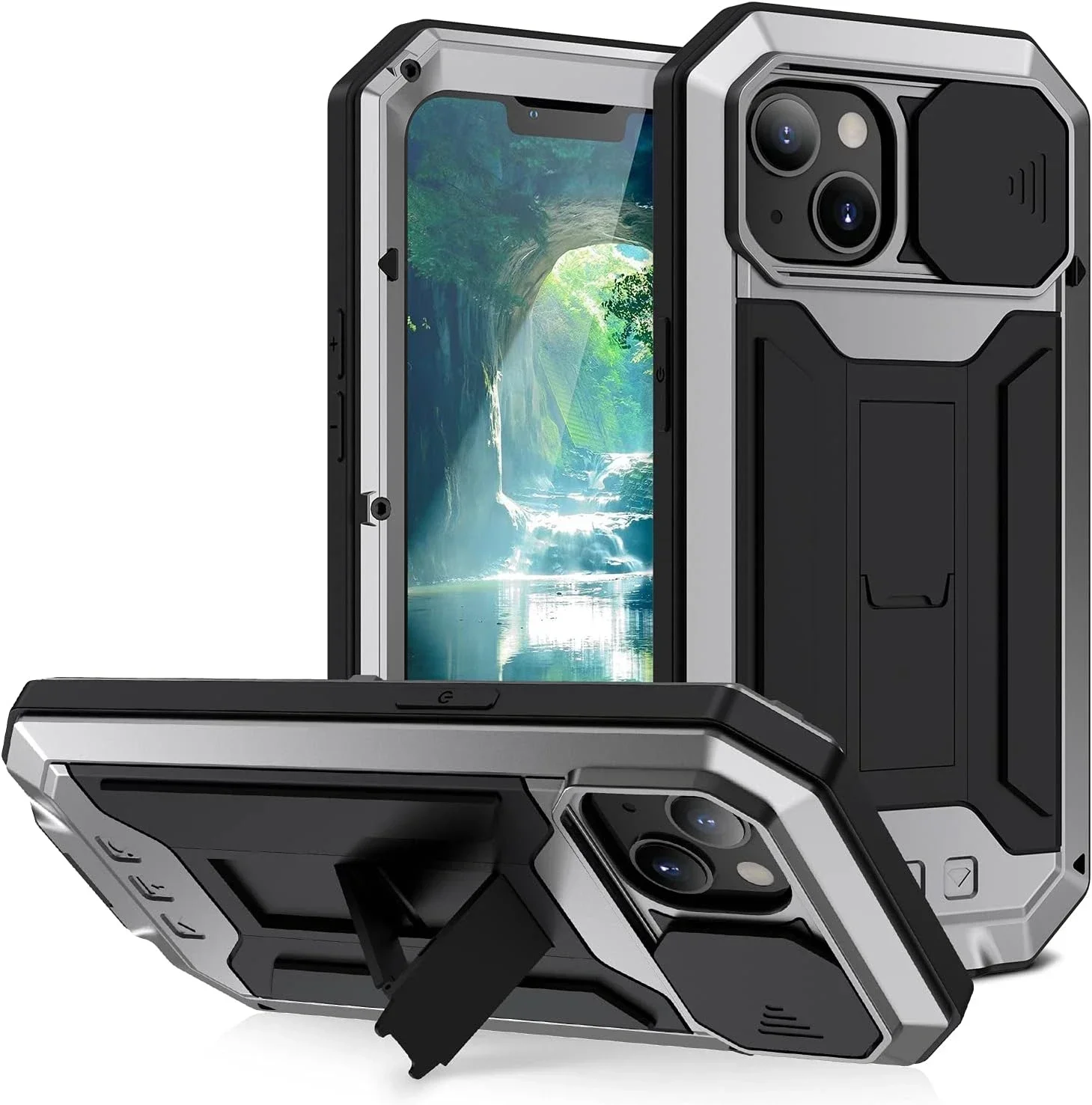 Rugged Aluminum Metal Armor Bumper Phone Case with Shockproof Glass Screen Protector