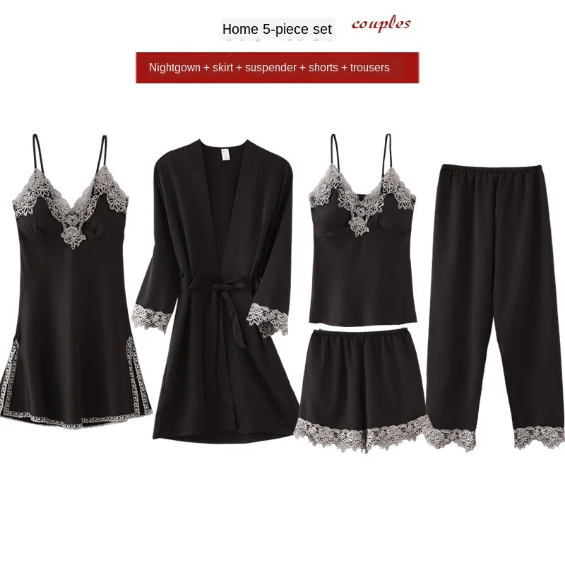 Summer Autumn Spring 5 Pieces Set Silk Elegant Women Pajamas Set Shorts Sleeve Top Elastic Waist Pants Lounge Sleepwear