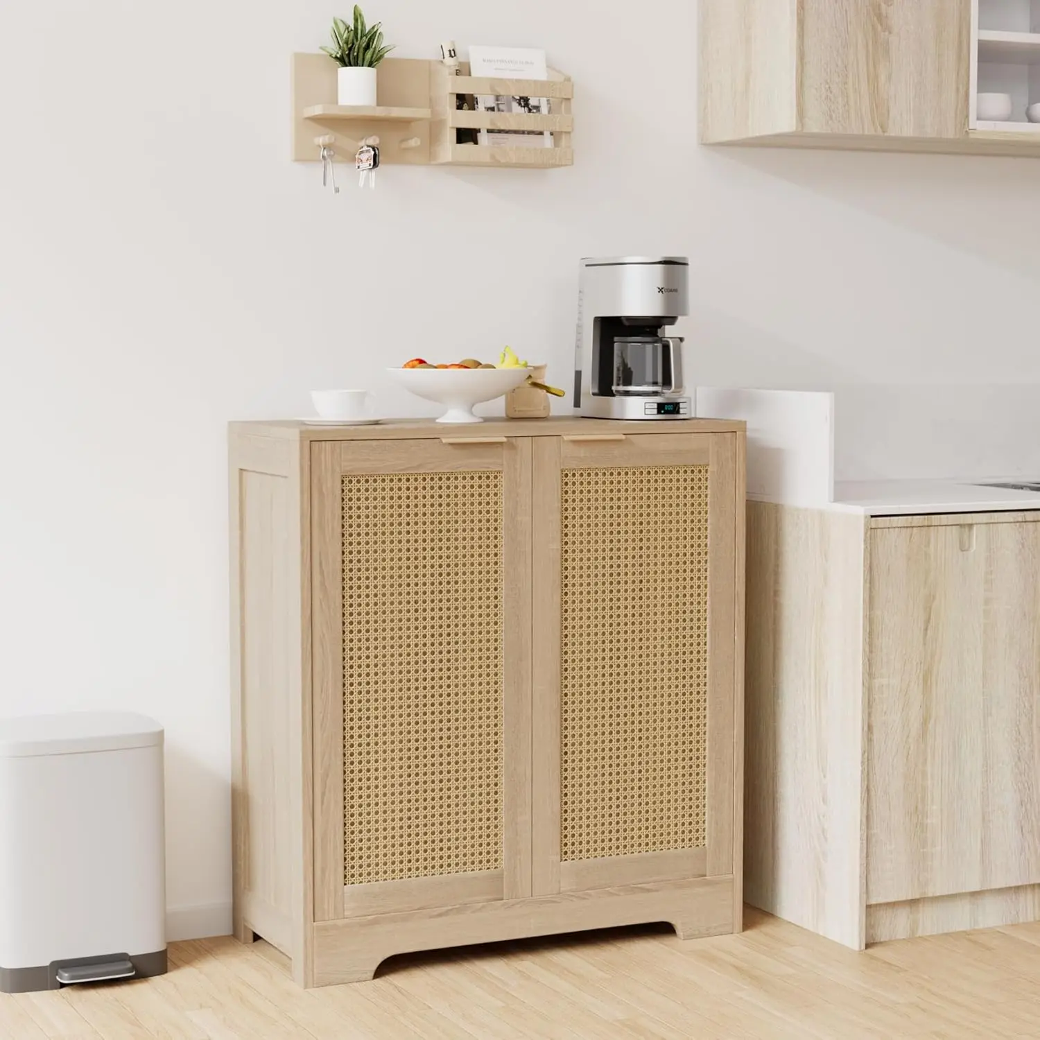 Buffet Bar Cabinet. Rattan Doors. TV Stand. Console Table. Adjustable Shelf. Dining Room, Living Room, Hallway. Beige.