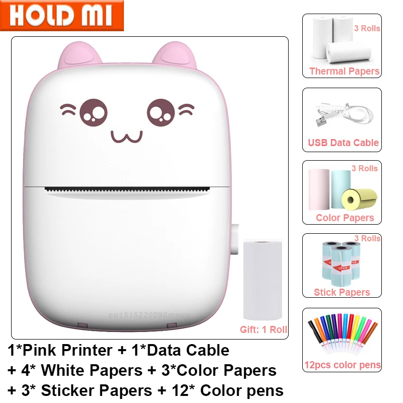 Portable Thermal Mini Printer MINI CAT Print sticker color Paper Photo Pocket 57mm Printing Wireless support Android IOS phones canon small photo printer Printers