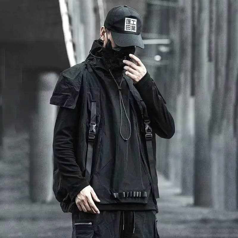 Trendy Functional Vest Harajuku Cargo Military Sleeveless Coats Men BF Loose Hooded Windproof Chamarras Para Hombre Techwear