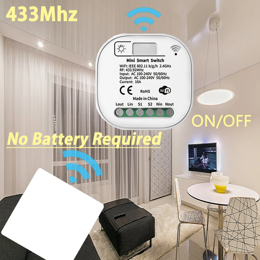 Tuya 무선 스마트 Wifi 조명 스위치 자체 전원 버튼 벽 스위치 배터리 없음 433Mhz 컨트롤러 220V 16A 인터럽터 Alexa
