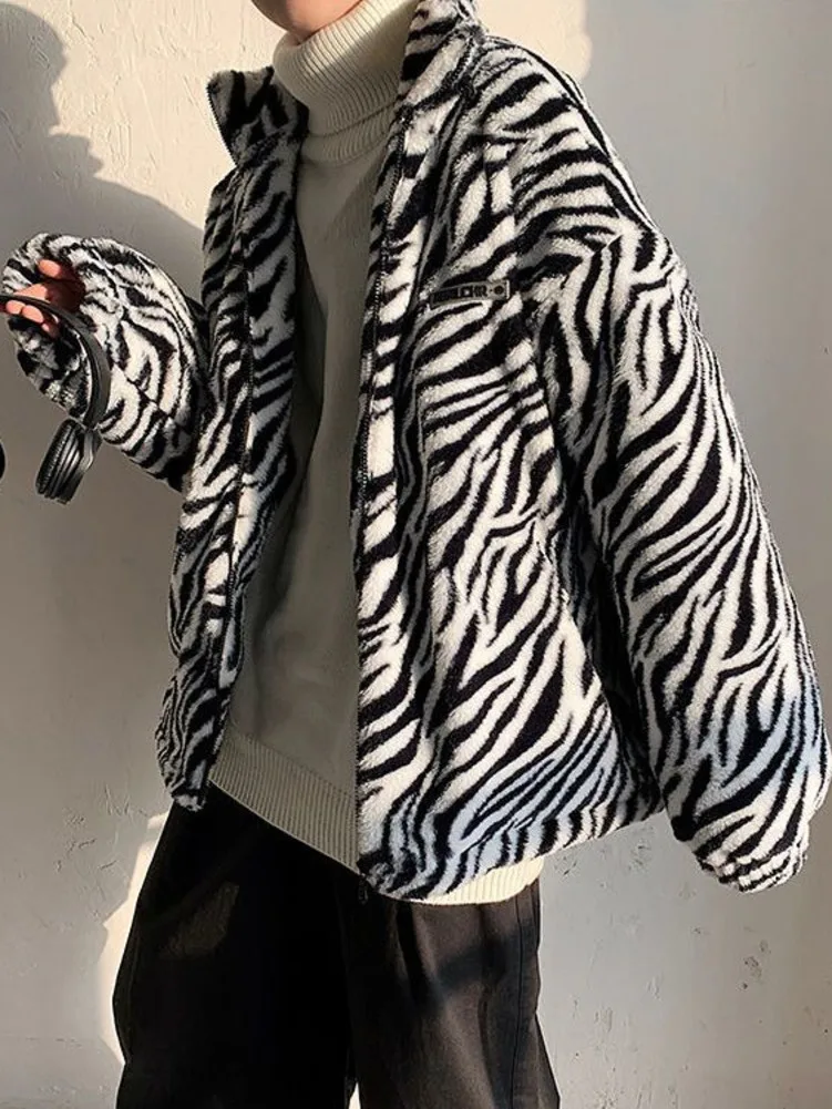 

Lamb Velvet Zebra Print Thickened Cotton Jacket Men Plush Cotton Coat Autumn Winter Trendy Loose Casual Warm Parkas Outerwear