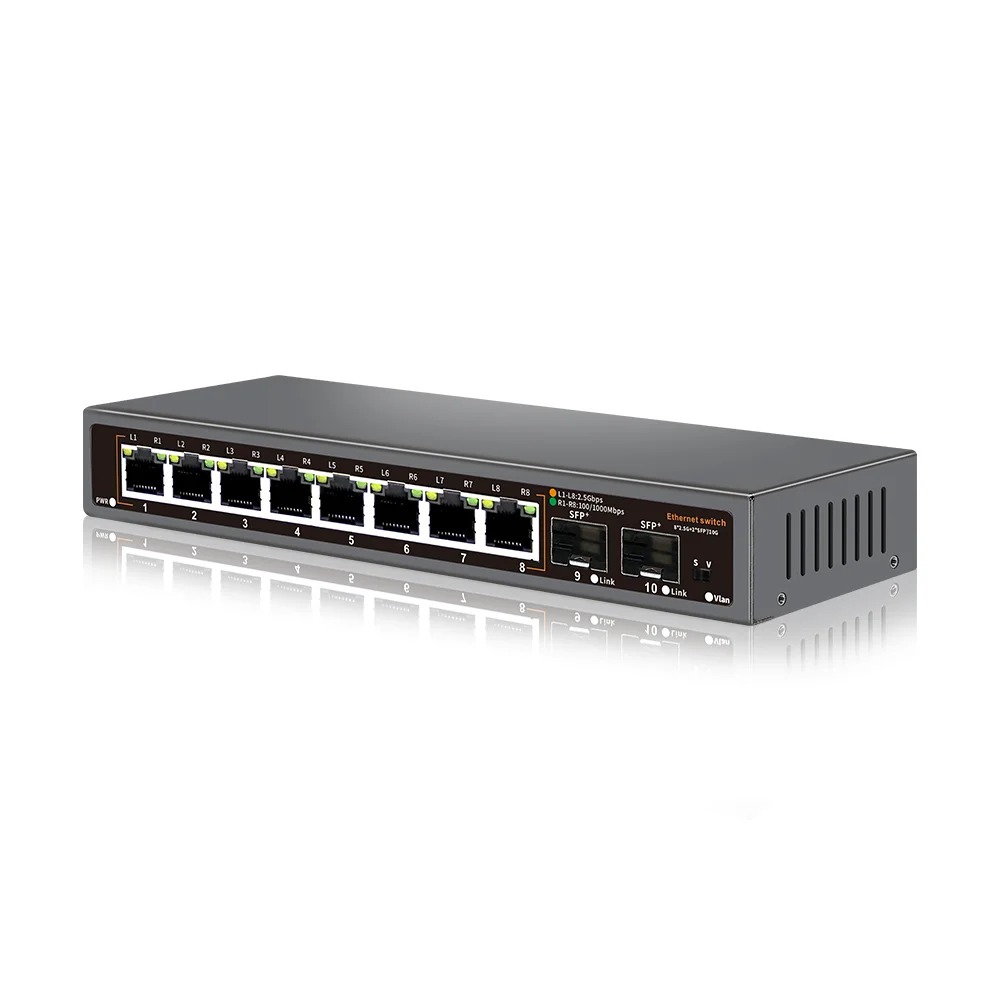 Network Switch Bullscom 10-Port Network Switch 8 x 2.5Gb Ethernet + 2 x 10Gb SFP+ Unmanaged Plug & Play High-Speed Connectivity