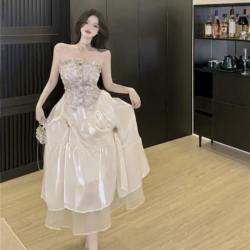 D & M French One-Shoulder Tube Top 2022 Summer New Style Top Grade Mesh Stitching Medium Long Women Dress