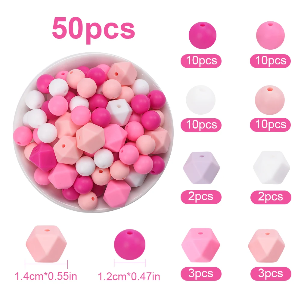 LOFCA 50 Stück 12 mm sechseckige Silikonperlen zum Selbermachen für Kleinkinder, Schnullerkette, Zubehör, Perlen, Zahnspielzeug – Detail 13