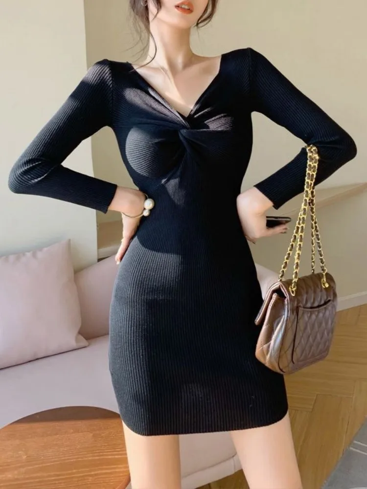 

Solid Dress Women Clothing V-neck Long Sleeve Tunic Knitted Robe Femme 2023 Vestidos De Mujer Fashion Sexy Bodycon Mini Dresses