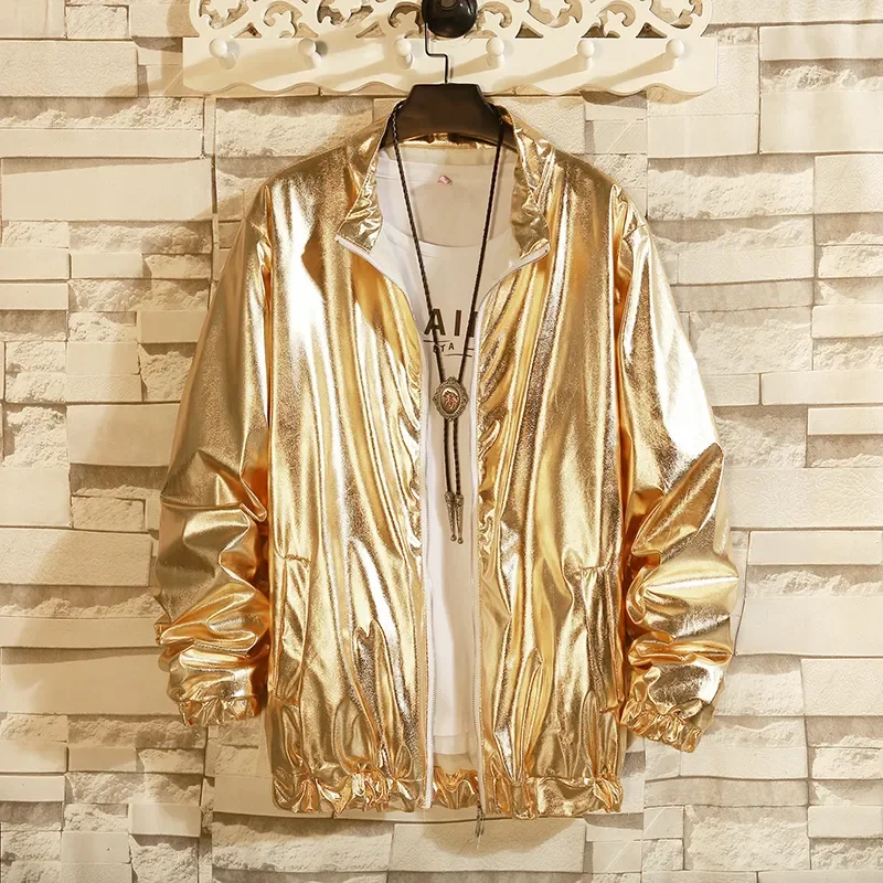 

Mens Windbreaker Jackets Nightclub Stage Party Jackets Costume Streetwear Harajuku Hip Hop Reflective Jacket Gold Fashion Coats