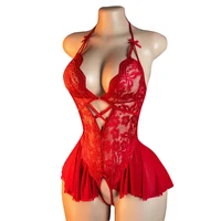 Deep V One-piece Erotic Underwear Crotchless Bodysuit 18+ Flower Lace Babydolls Nightdress Open Bra Sexy Lingerie Women Pajamas
