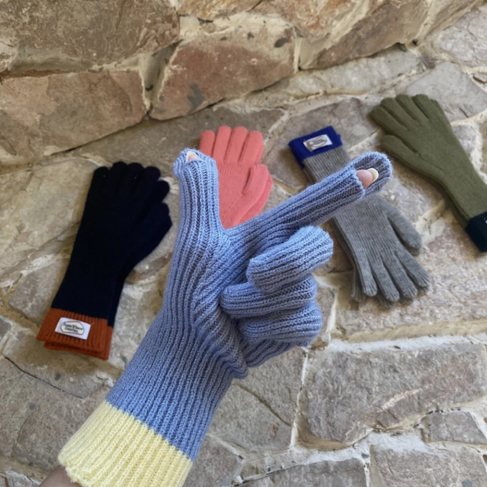 Women's Warm Knitted Gloves Couple's Split Finger Woolen Gloves Outdoor Riding Screen Touch Fluffy Stripe Christmas Gift