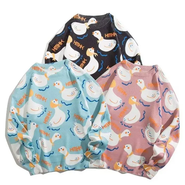 

Woman Street Sweater Cute Duck Embroidery Loose Winter Pullover Harajuku O-Neck Fashion Knitted Stretch Sweater Vintage Y2K