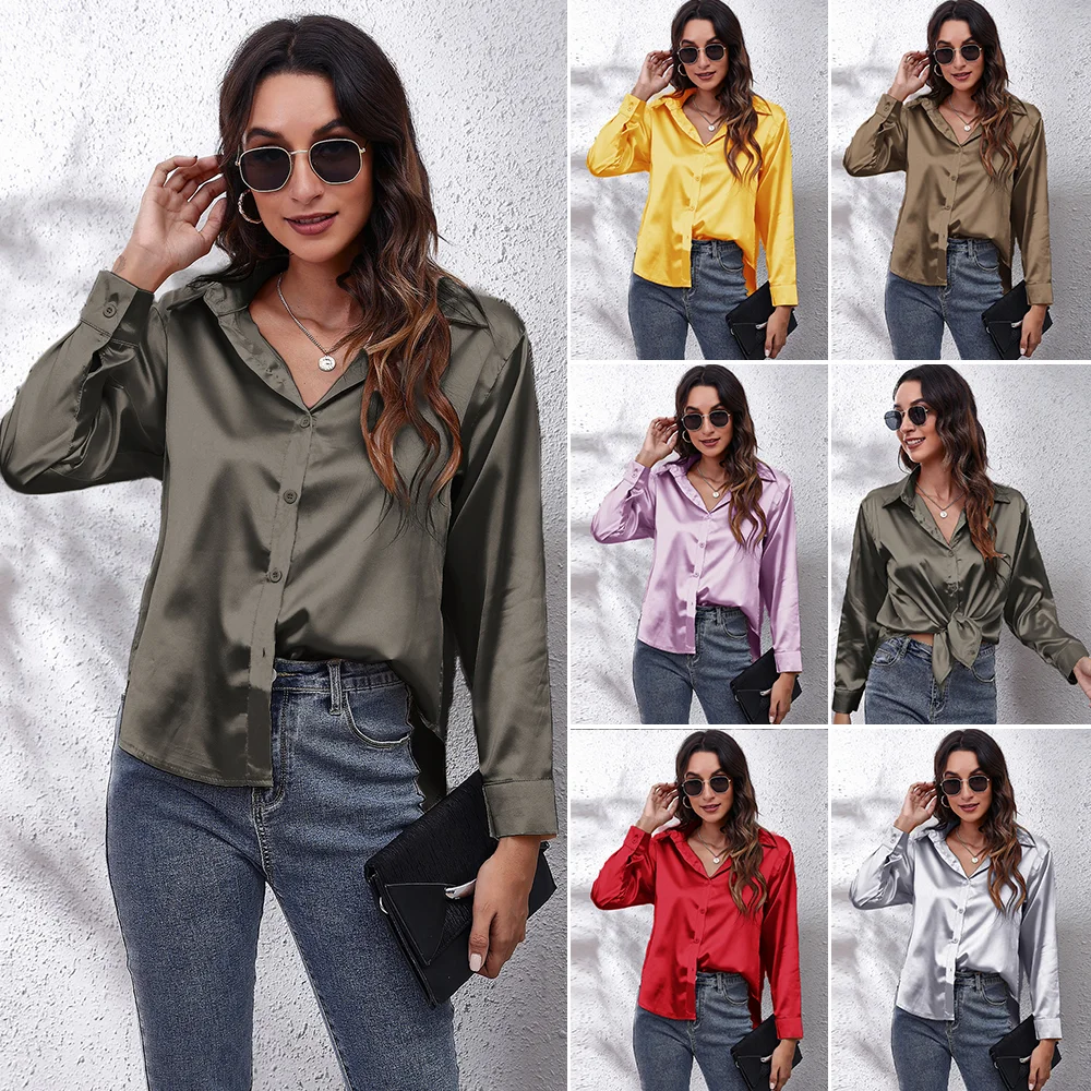 

Fastfashiongo Fashion 6 Colors Button Silk Blouse Youth Elegant Satin Luxury Blouses for Women 2023 New
