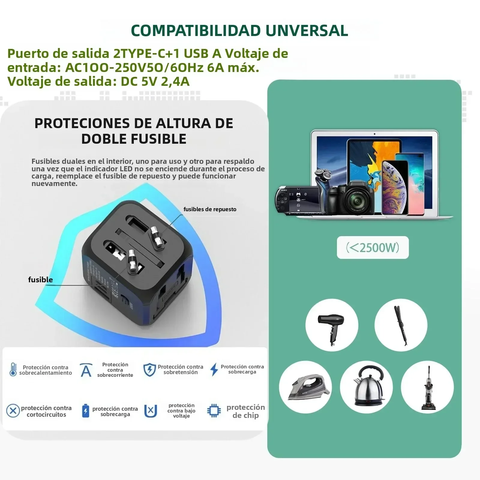 Universal Travel Adapter with USB Type-C and Multi-Plug Outlets