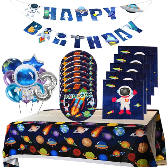 Suministros de fiesta con tema espacial Astronaut Solar universe, vajilla desechable, vasos de papel, platos, servilletas, decoración de fiesta de cumpleaños para niños 1