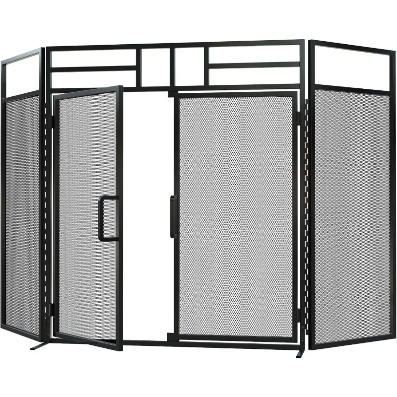 3-Panel Folding Fireplace Screen with Magnetic Hinged Doors, Solid Wrought Iron Panels Fire Spark Guard 6