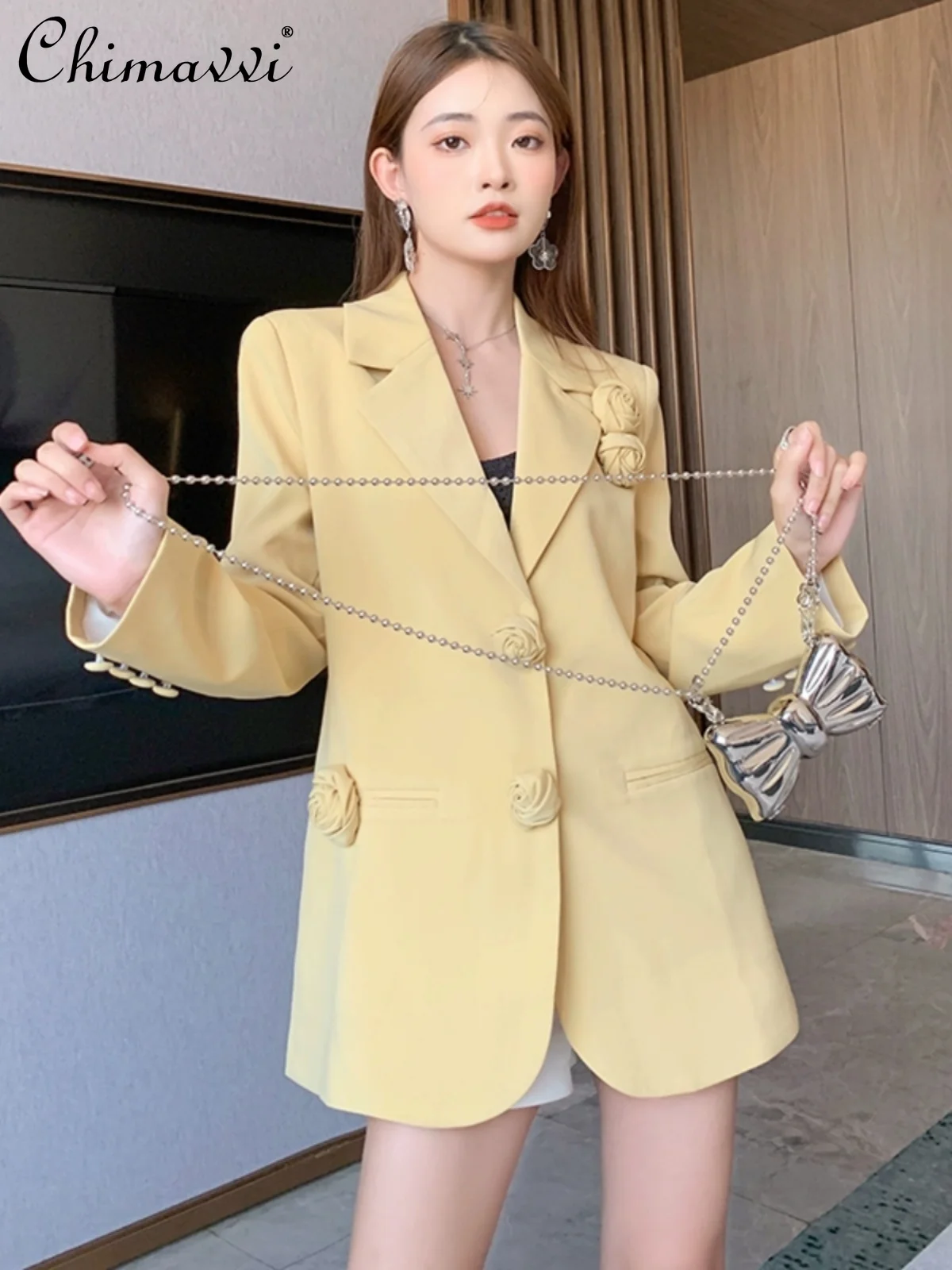 

Fashionable 3D Flower Profile Suit Jacket 2023 Autumn Winter New High-End Loose Long Sleeve Elegant Blazers Coat for Women