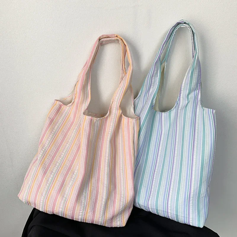 

Striped Texture Canvas Shoulder Bag Literary vest Small fresh large capacity handbag Student Bag Travel Bag