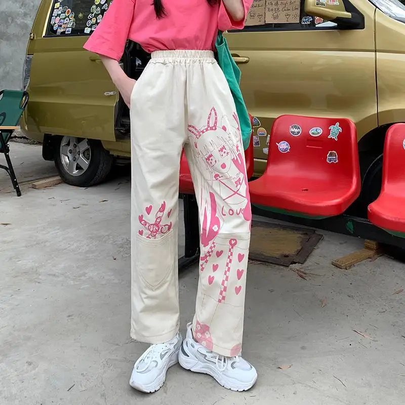 

High-waisted Y2k Girls Pink Graffiti Jeans Women Plus-size Harajuku Kawaii Loose nine-minute casual pants Spring/Summer 2023