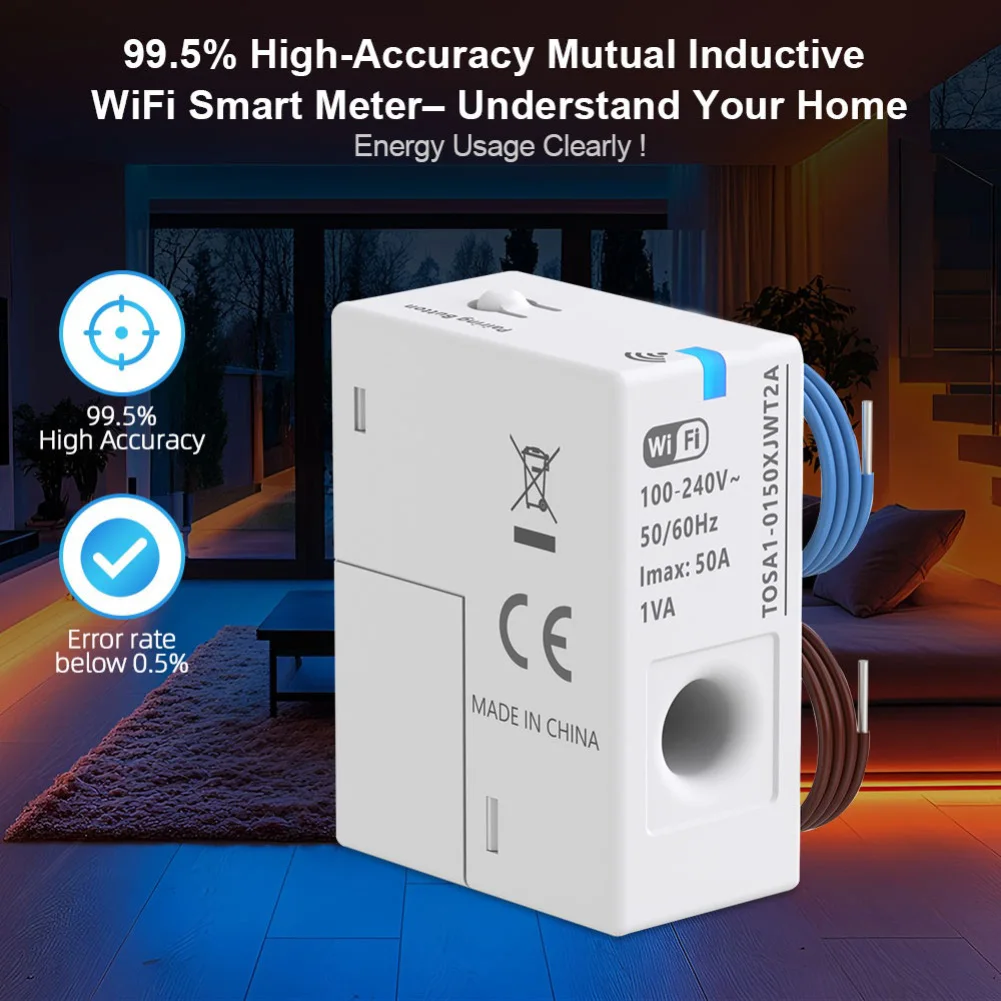 Tuya 스마트 WiFi 에너지 미터 1-50A, 실시간 전력 소비 모니터링 및 상세한 수출 가능한 사용 기록 제공