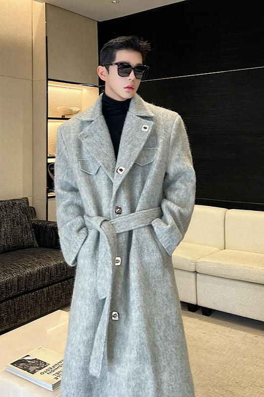 Wool Woolen Coats Men's Long Type Over The Knee Metal Buckle Coats Autumn Winter High-End Korean Style Thick Woolen Coat