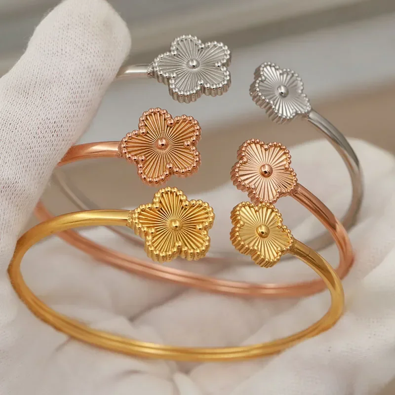 Classic Stainless Steel Metal Flower Open Bangles for Women Fashion Brand Jewelry Elegant Bracelets Gift Accessories