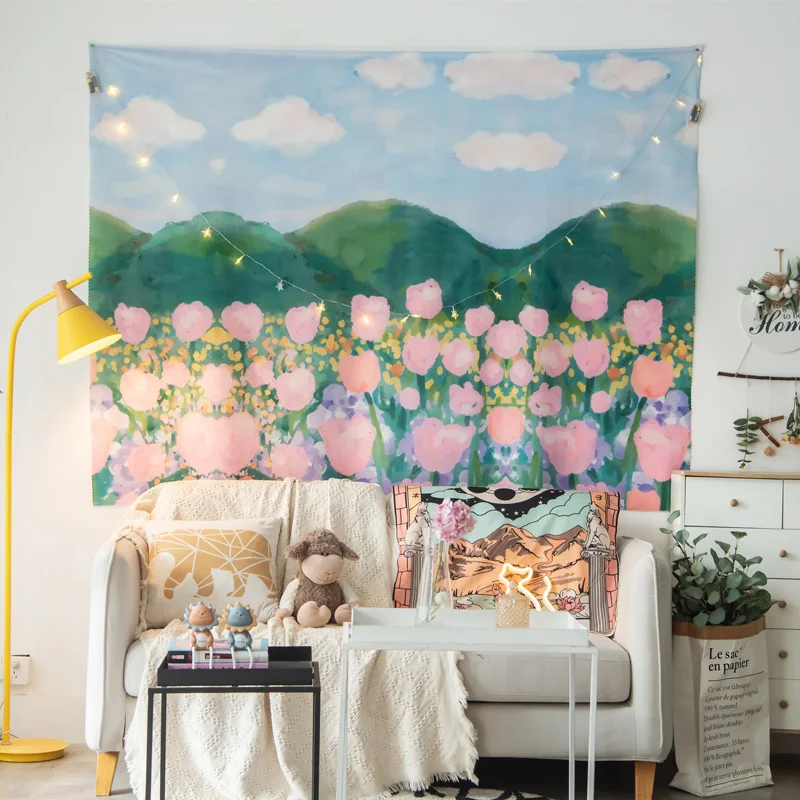japanese room decor Cute hand drawn illustration rabbit anime tapestry Teen indie bedroom decoration macrame wall hanging mural