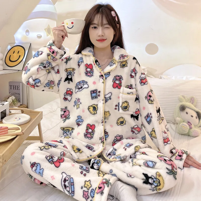 

Sanrio Kuromi My Melody Coral Fleece Pajamas Women's 2 Pieces New Homewear Soft Casual Cartoon Kawaii Sleepwear Long Sleeve Suit