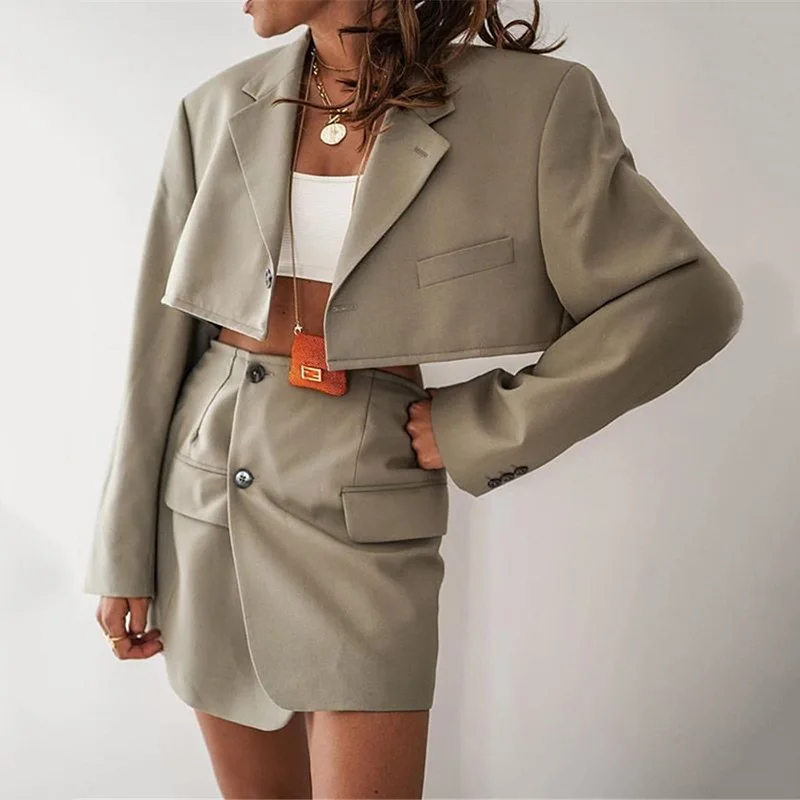2023 New Notch Single Button Suit Cardigan Jacket Suit Ladies Office Bag Hip Skirt Suit Jacket High Waist A-line Mini Skirt Set