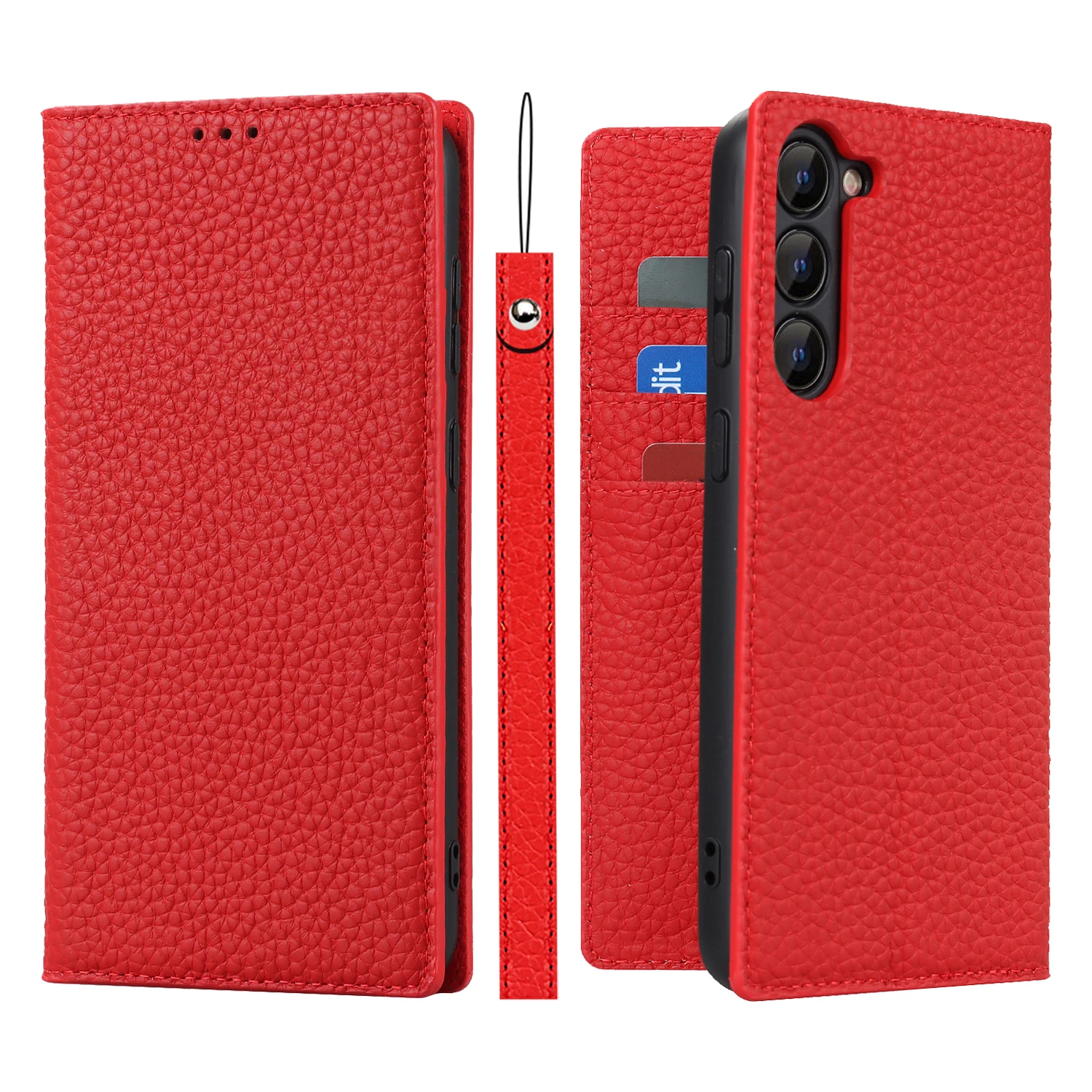 thumbnail image 1 of Funda de cuero genuino para Samsung Galaxy S23 Ultra S23 Plus, funda Litchi con tapa para libro, soporte para tarjeta y billetera, 1 of 5