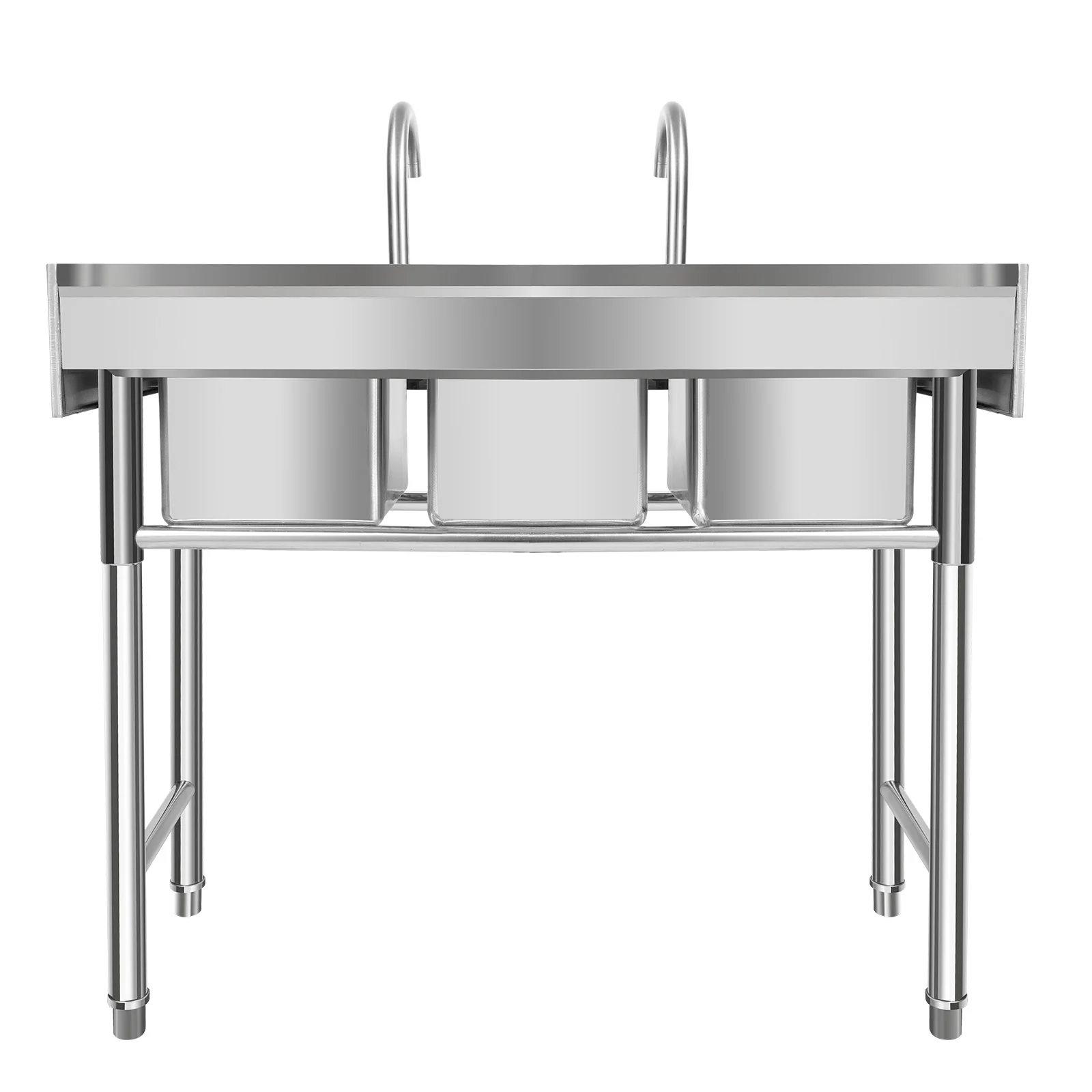 3 Compartment Stainless Steel Commercial Kitchen Sink with 2 Faucets Freestanding Restaurant Kitchen Sink Utility