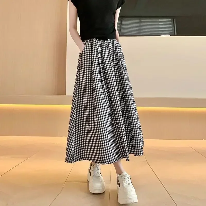Women A-line Skirt High Waist Slim Summer Pocket Long Skirts Black White Lattice Cute Sweet Girls Half Skirt Girls Clothing